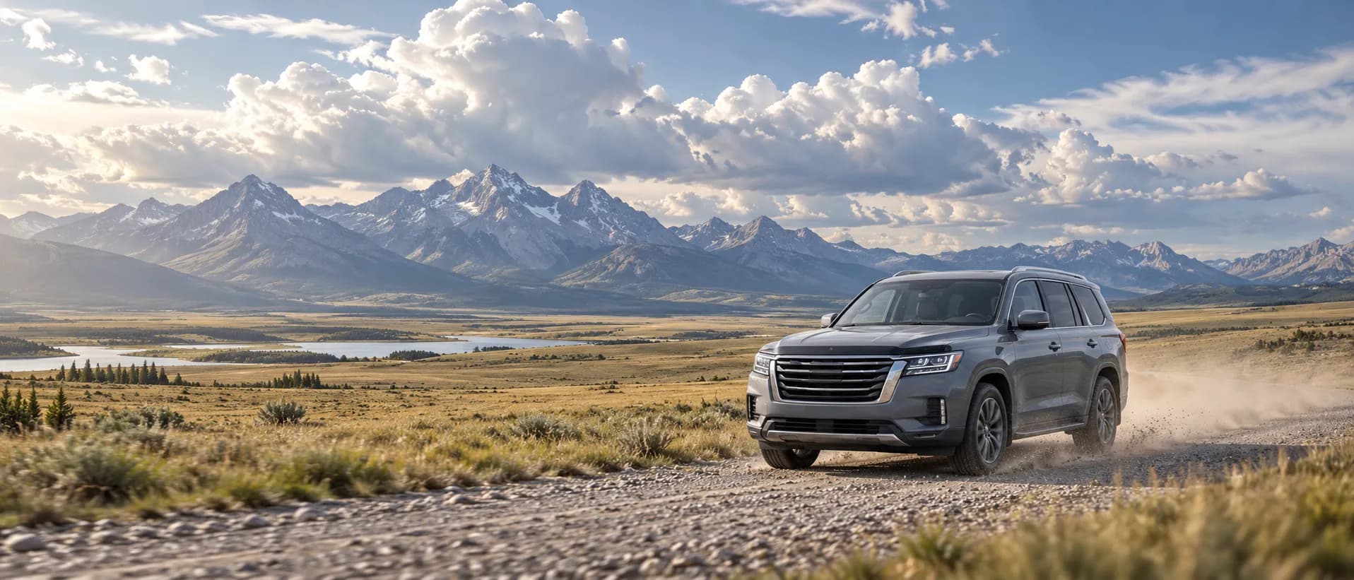 SUV driving on a gravel road in the mountains