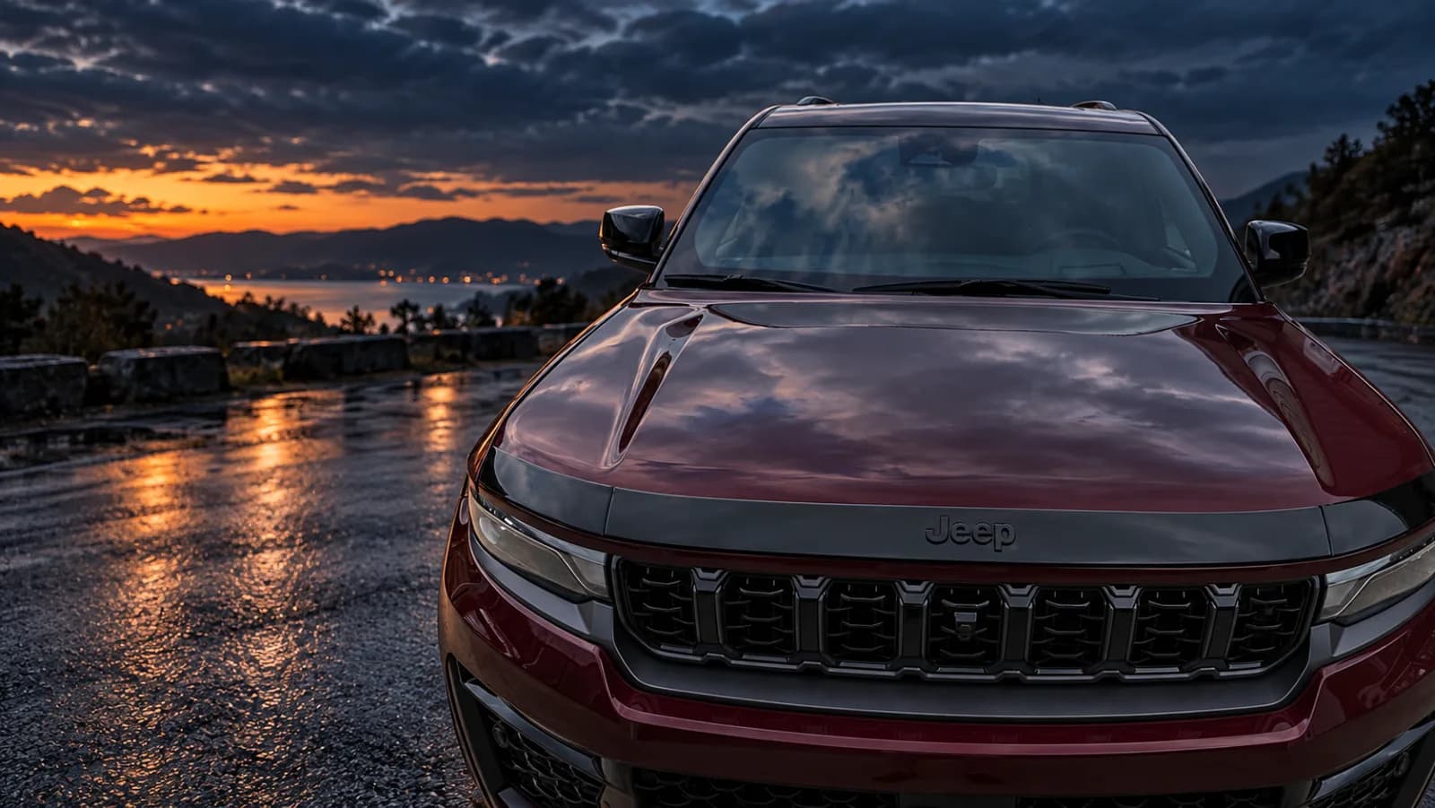 Jeep Grand Cherokee at dusk with a stick-on hood protector along the front of its hood