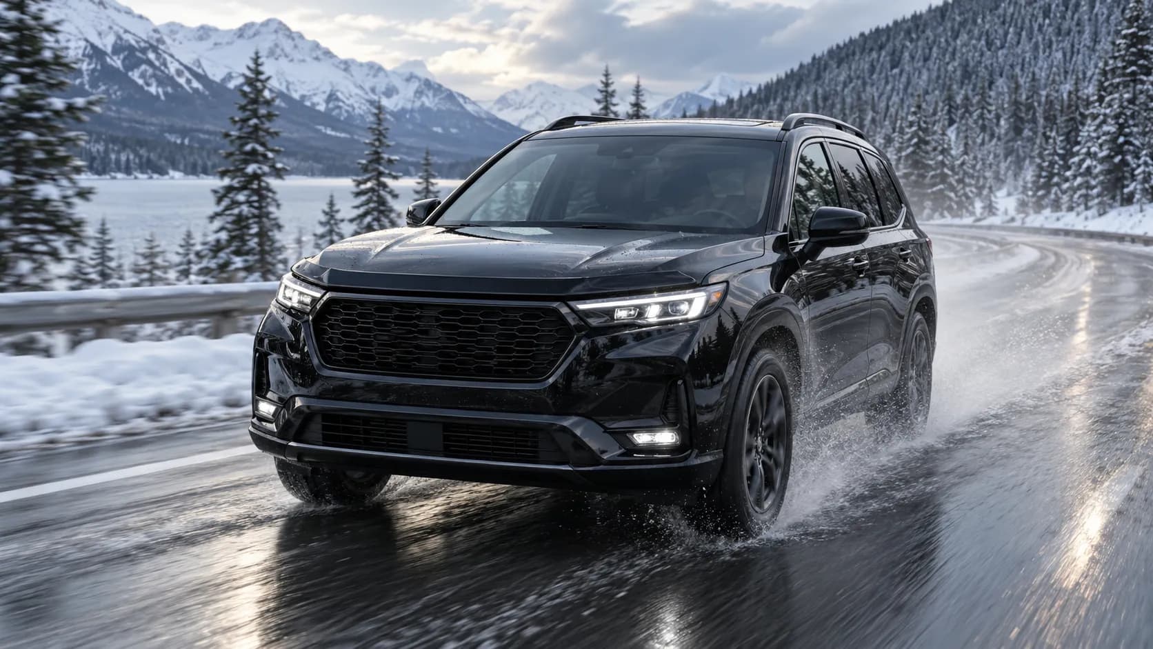 Black SUV driving on a wet winter road in the mountains
