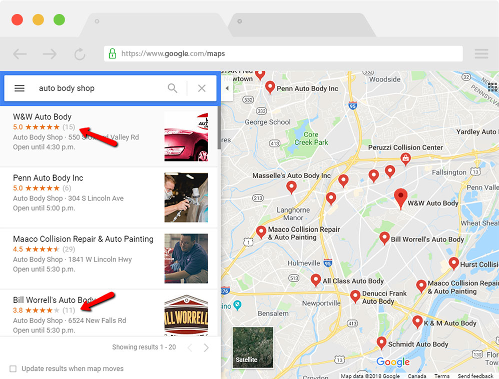 Google Maps Auto Body Shops Reviews